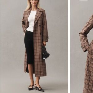 Avec Les Filles Brown Plaid Trench Coat